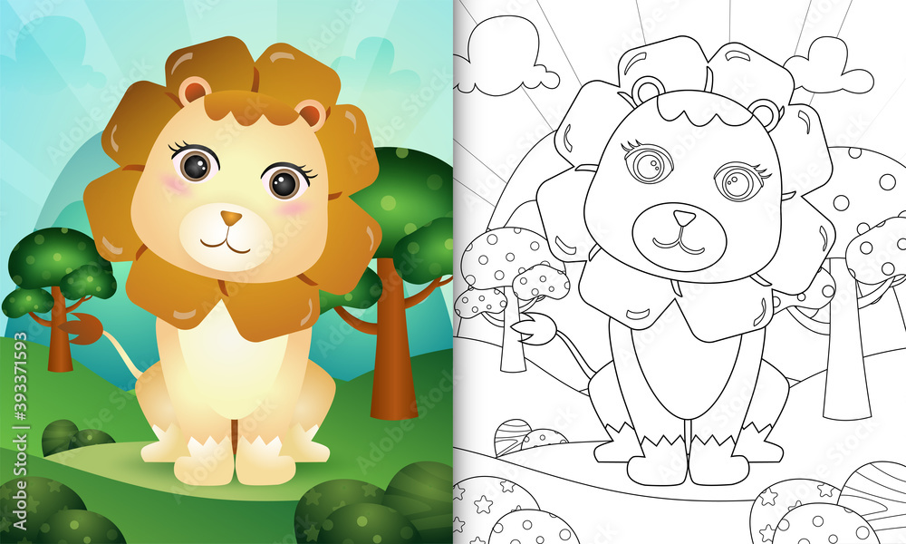 Fototapeta premium coloring book for kids with a cute lion character illustration
