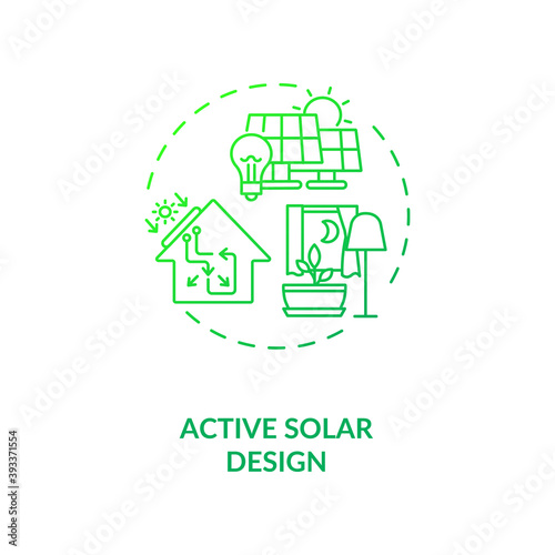 Active solar design green concept icon. Renewable sustainable energy source. Electricity for smart house. Biophilia idea thin line illustration. Vector isolated outline RGB color drawing