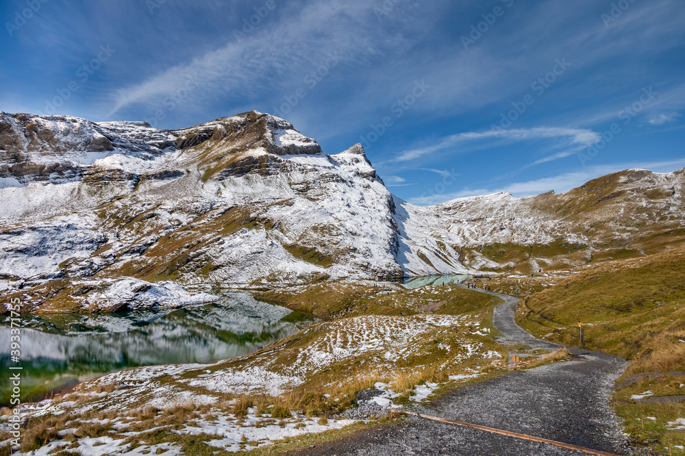 Hiking pass above Grindelwald village  from First cable car station  to Bachalpsee lake.