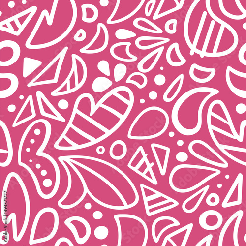 Doodle seamless pattern for wallpaper, textile fabric, wrapping paper. Abstract vector ornament with circular elements and triangles. White outline on pink background. © RomashkoElen