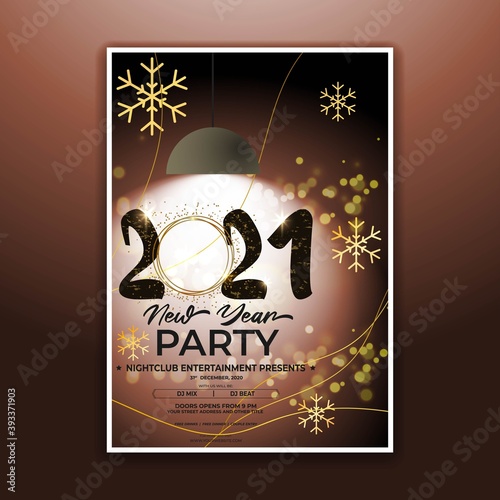 Vector illustration of New Year 2021 party invitation poster with beautiful bokeh background, New year DJ party poster , flyer, big party, free drinks & food, dj night, disco night