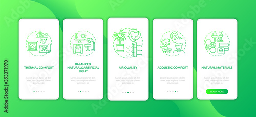 Comfortable home green onboarding mobile app page screen with concepts. Natural light. Indoor space walkthrough 5 steps graphic instructions. UI vector template with RGB color illustrations