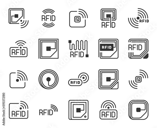 Rfid icons. Radio-frequency identification label, chip and antenna line. Wireless system tracking and control, vector symbols. Identification chip innovation, frequency digital electronic illustration