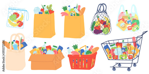 Grocery bags and carts. Shopping basket, paper and plastic packages, eco bag with organic food. Supermarket goods and groceries vector set. Illustration basket bag and cart with food