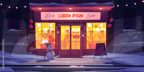 Bar at winter, night cafe at Christmas Eve. Drinking establishment exterior with people inside. Outdoor beerhouse entrance with snowman, xmas decor, lights and signboard, cartoon vector illustration