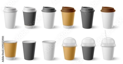 Paper cup. Cardboard cups with cap and mugs for hot coffee and tea. Realistic black, white, brown cafe drinks eco packages mockup vector set. Container drink for cafe, coffee or tea hot illustration