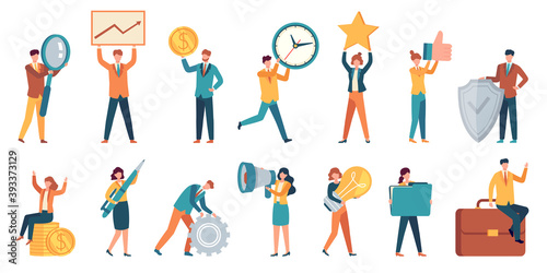 Tiny business people. Employee women and men with big money, light bulb, star, gear and magnifier. Office small work characters vector set. Illustration people success with money and star