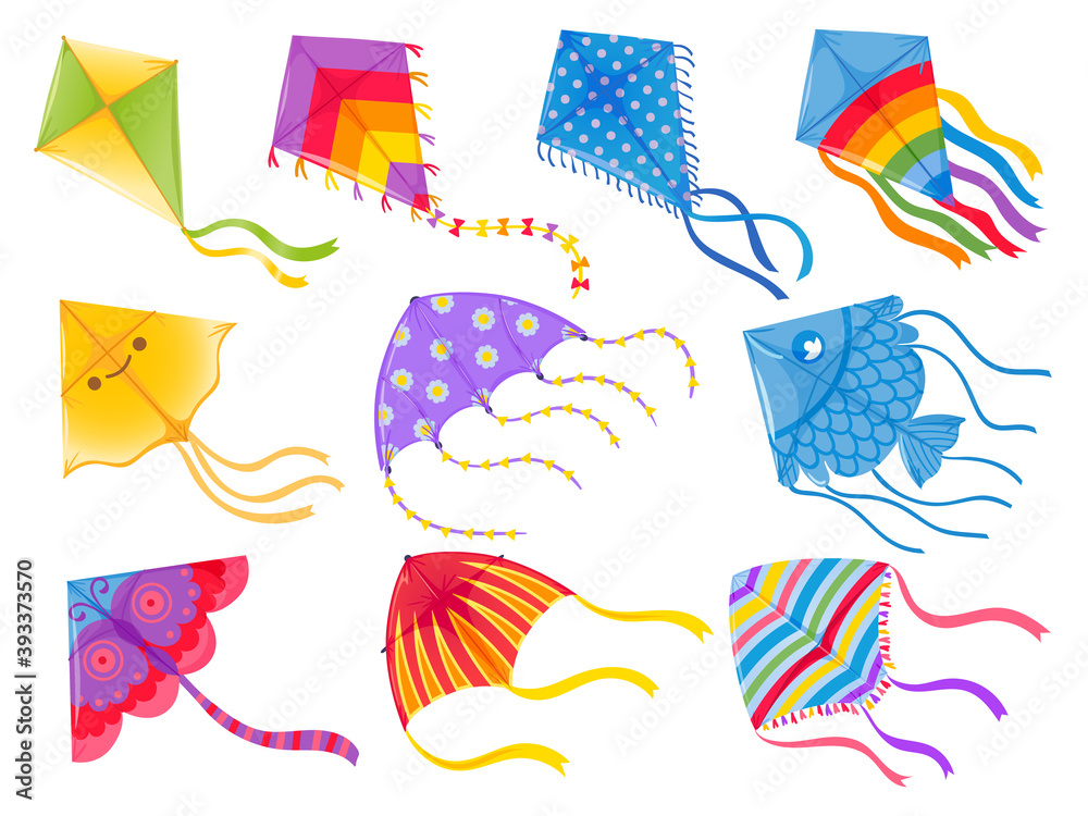 Cartoon kites. Wind flying toy with ribbon and tail for kids. Makar  Sankranti. Butterfly, fish and rainbow kite shape and design, vector set.  Illustration wind kite game, summer flying toy Stock Vector