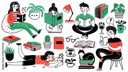 Books and readers. Happy people read and study. Book piles, houseplants, cat, tea and coffee cup. Hand drawn cartoon hobby decorative set. Young person read book with tea and cat illustration