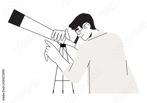 Scientist looking through field glass or telescope on sky, stars and space. Concept of search, discovery, research. Character with telescope for logo, emblem, ui ux, mobile application or web design.