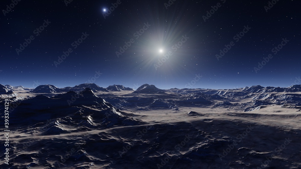 Fototapeta Exoplanet fantastic landscape. Beautiful views of the mountains and sky with unexplored planets. 3D render