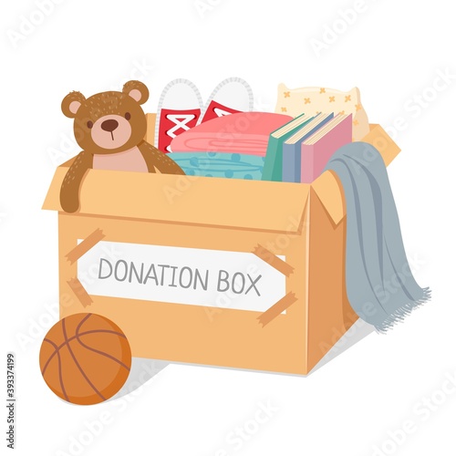 Donation box. Charity for poor kids and homeless people. Box filled with toys, books and clothes. Social care and generosity vector concept. Illustration charity and donation, donate box volunteering