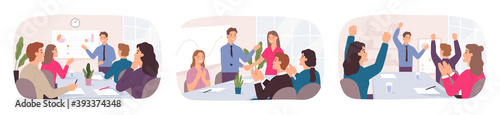 Business deal success. Office people discuss idea at meeting, partnership handshake, team celebration. Employee career growth vector concept. Illustration office discussion and meeting business people