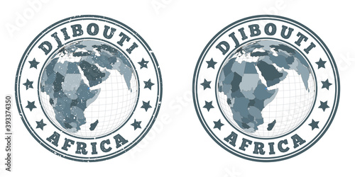 Djibouti round logos. Circular badges of the country with a map of Djibouti in a world context. Plain and textured country stamps. Vector illustration.