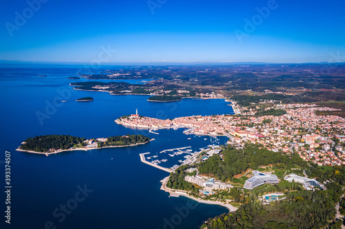 Drone photo of the mediterranean town Rovinj in Croatia