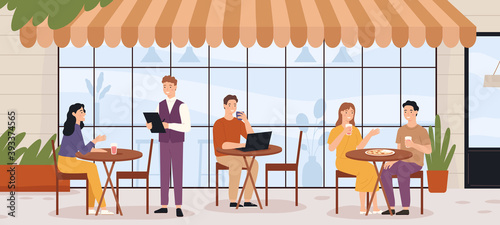 People in outdoor cafe. Restaurant street patio with sitting man and woman with lunch and coffee. Summer bistro outside scene vector concept. Illustration restaurant street, summer bistro outside