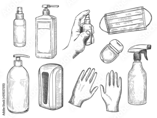 Sketch sanitizer bottle. Personal protective equipment. Medical mask, gloves, liquid soap and antibacterial spray. PPE hand drawn vector set. Illustration sanitizer bottle against virus