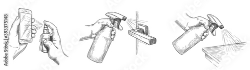 Surface cleaning sketch. Disinfect house surfaces and door handle with sanitizer sprays. Hands hold spray and clean phone screen, vector set. Sketch hygiene and prevention disinfection illustration