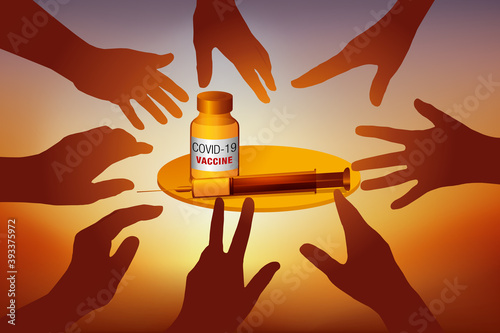 Concept de l’espoir d’un vaccin pour arrêter l’épidémie de COVID-19 avec des mains qui se tendent pour attraper le remède miracle.