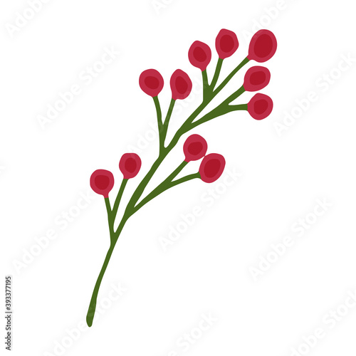 Green branch with red berries on a white background. Freehand drawing vector illustration.