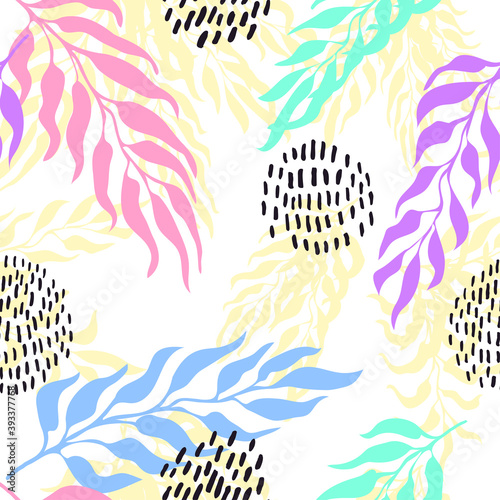 Vector seamless pattern with colorful watercolor illustration of exotic leaves. Use it for wallpaper, textile print, pattern fills, web page, surface textures, wrapping paper, design of presentation