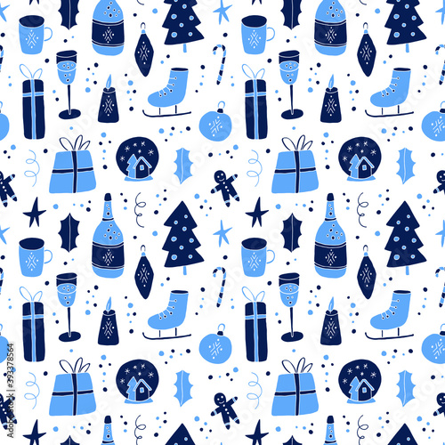 Vector holiday seamless pattern. Hand drawn illustrations. Winter ornament is perfect for festive design, New year background, Christmas poster, wrapping paper, fabric textile print