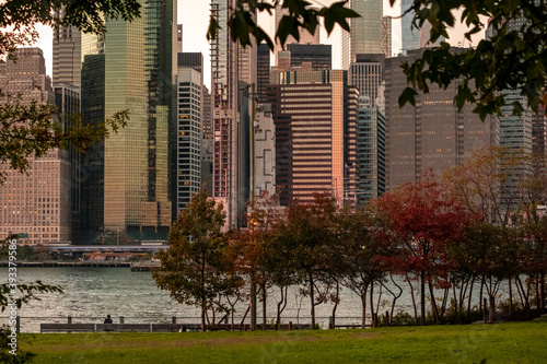 New York City - USA - Nov 4 2020: Beautiful Foliage Colors of Brooklyn Bridge Park New York