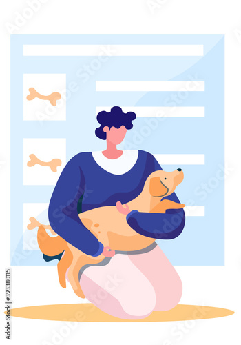 Happy male character petting a dog. The owner having fun with his pet. Blue list with symbols of bones. Feeding the pet on a timetable. The guy is sitting on the floor with a dog in his arms