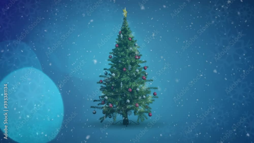 Animation of decorated christmas tree, snow falling and light spots Animation of decorated christmas tree, snow falling and light spots