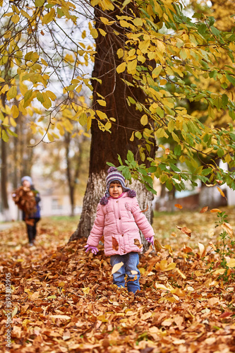 A little girl 4 years old walks in the park autumn yellow leaves very nice. Girl in pink jacket