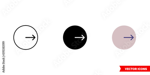 Circle with right arrow inside icon of 3 types color, black and white, outline. Isolated vector sign symbol.