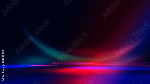 Neon abstract light rays on a dark background. Light effect, laser show, surface reflection. Ultraviolet radiation, nightclub. 3d illustration