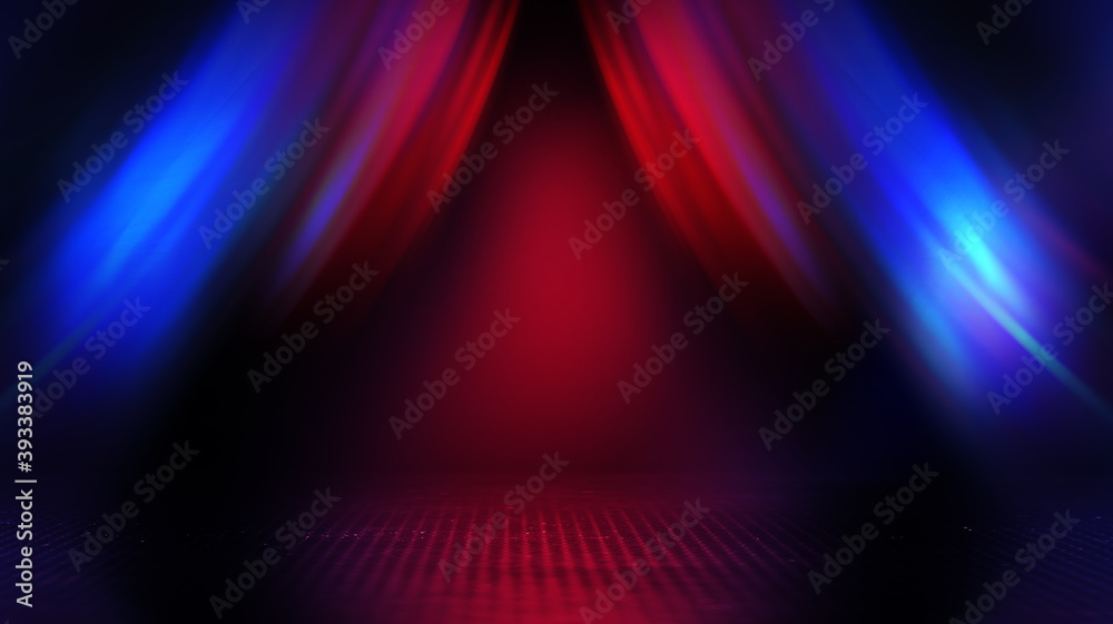 Neon abstract light rays on a dark background. Light effect, laser show, surface reflection. Ultraviolet radiation, nightclub. 3d illustration Neon abstract light rays on a dark background. Light effect, laser show, surface reflection. Ultraviolet radiation, nightclub. 3d illustration