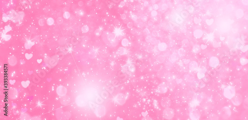 Soft pink and white abstract gradient bokeh background with circles, hearts and sparkles