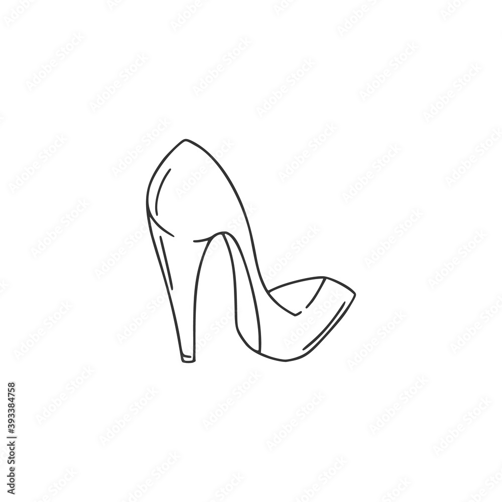 High-heeled shoe. Girly stuff. Fashion accessory. Linear doodle style. Vector illustration on isolated white background. For printing on postcards, fabrics, packaging, web High-heeled shoe. Girly stuff. Fashion accessory. Linear doodle style. Vector illustration on isolated white background. For printing on postcards, fabrics, packaging, web