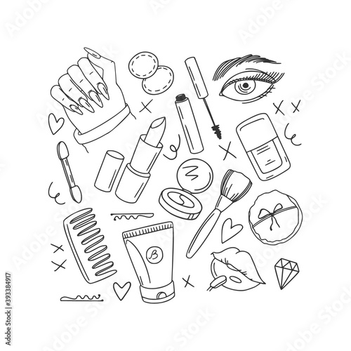 Beauty cosmetic set. Cute makeup elements. Lipstick, cream, mascara, eye shadow, blush, nail polish. Facial care. Linear doodle style. Hand-drawn vector. For business cards, prints, social networks