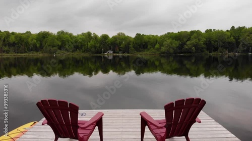 A shot flying over a dock with 2 chairs and heading towards the centre of a lake.