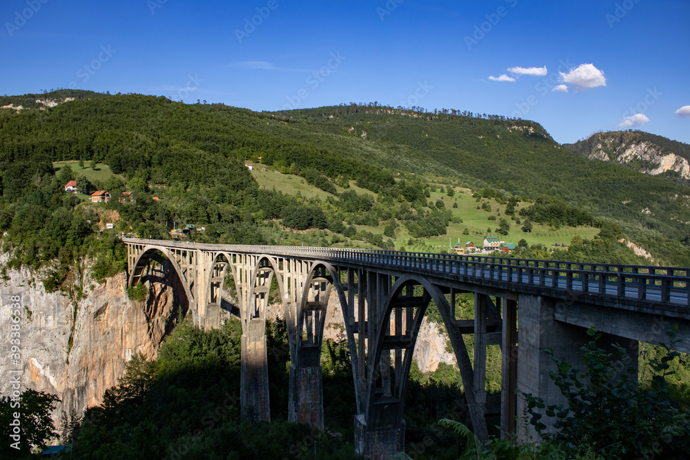 Djurdzhevich Bridge over the Tara River canyon. Picturesque mountain landscape of Durmitor National Park, Montenegro, Europe, Balkans, Dinaric Alps, UNESCO World Heritage Site