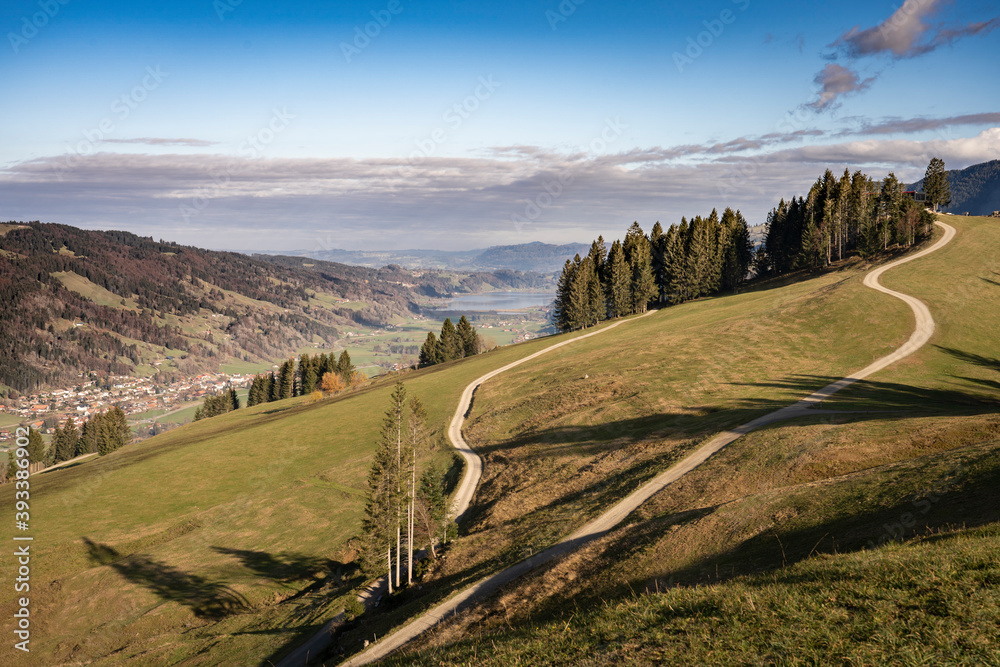 autumnal landscape, view from Huendle summit near Oberstaufen to the valley of Thalkirchdorf, Allgaeu alps, Bavaria