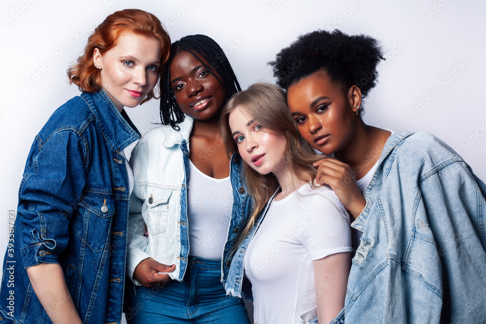 diverse multi nation girls group, teenage friends company cheerful having fun, happy smiling, cute posing isolated on white background, lifestyle people concept, african-american and caucasian diverse multi nation girls group, teenage friends company cheerful having fun, happy smiling, cute posing isolated on white background, lifestyle people concept, african-american and caucasian