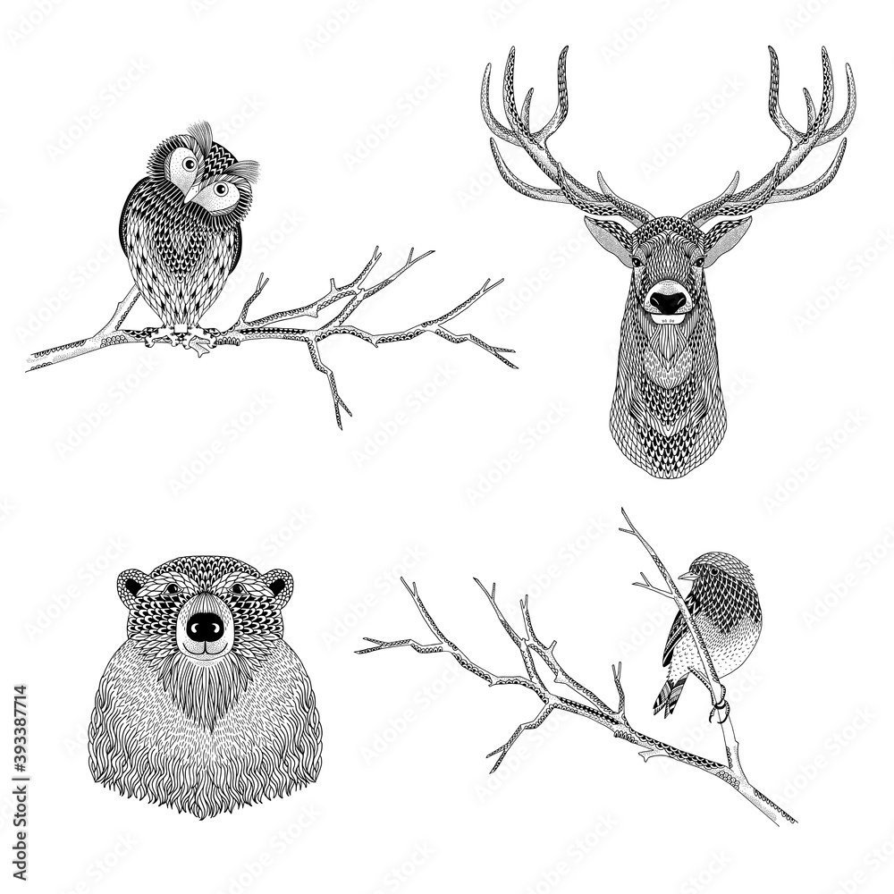 Poster Artistic black and white illustration of wild forest animals ...