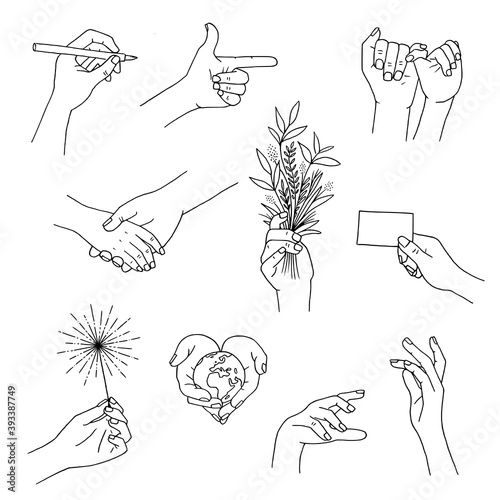 Outline drawings of hands moving and holding different items