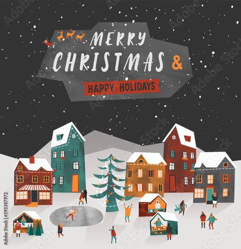 Merry Christmas vector illustration. Snow covered little town.