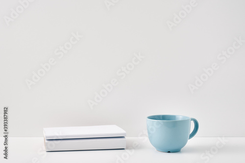 The mug stands on a stack of books on a white background. Natural and eco-friendly materials. Copy space, mock up © Natalya Lys
