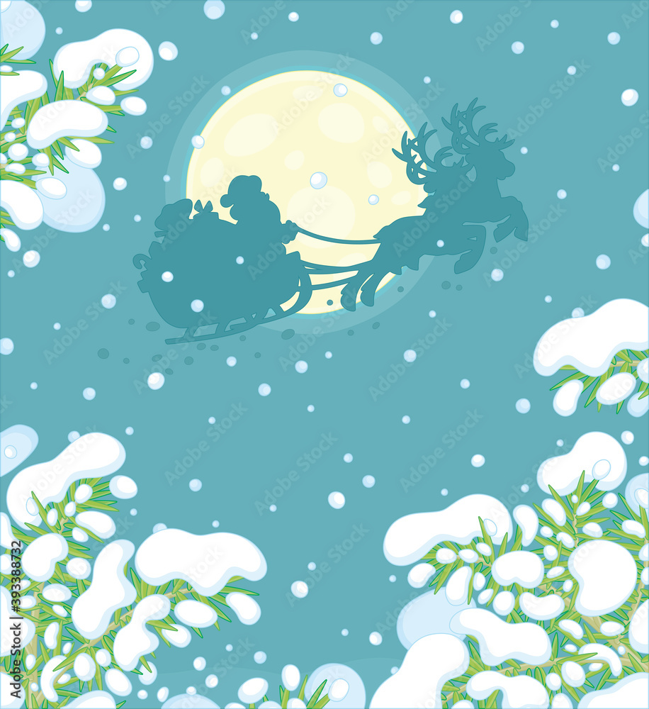 Magic reindeers flying Santa Claus with a big bag of gifts in his sleigh over a snow-covered fir forest on the moonlit, frosty and snowy night before Christmas, vector cartoon illustration Magic reindeers flying Santa Claus with a big bag of gifts in his sleigh over a snow-covered fir forest on the moonlit, frosty and snowy night before Christmas, vector cartoon illustration
