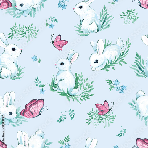  seamless illustration, white rabbits with butterflies, with floral elements, with small flowers, on a light blue background