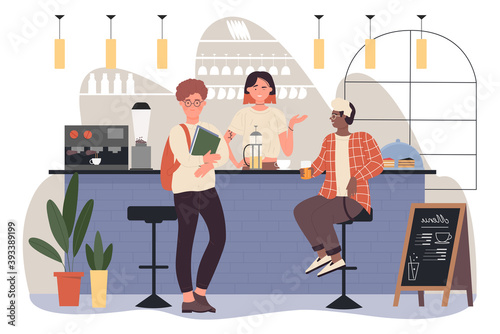 People on bar pub vector illustration. Cartoon woman bartender character working in coffeehouse, standing at bar counter, barista making hot coffee for clients, happy guys friends meeting background