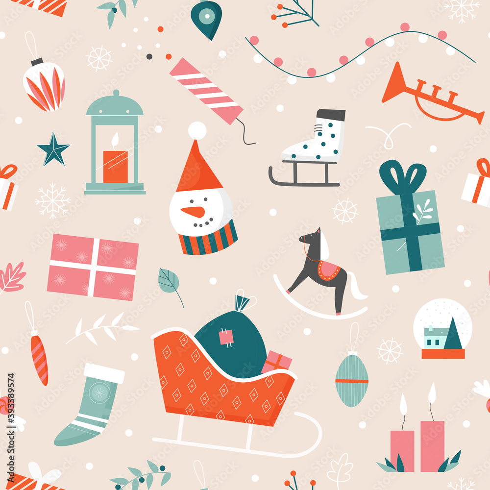 Christmas seamless pattern vector illustration. Cartoon flat Xmas socks with present gifts, cute snowman in hat, sweet candy, holly berries on winter holiday childish background