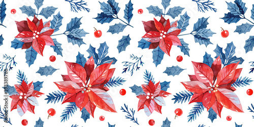 Christmas seamless pattern with holly and red Poinsettia flower on white background for gift wrapping paper  wallpaper and fabric
