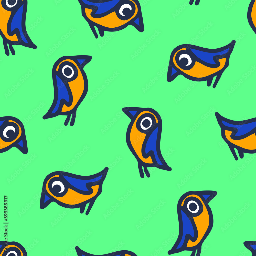 Seamless vector pattern with cartoon birds on blue background. Hand drawn parrot wallpaper design. Decorative animal fashion textile. Seamless vector pattern with cartoon birds on blue background. Hand drawn parrot wallpaper design. Decorative animal fashion textile.